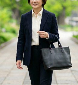 黒のトートバッグを持って歩いている女性の様子