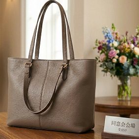 同窓会の会場に置かれた60代向けの上品なトートバッグ
