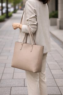 60代女性が街中で手持ちするベージュのA4収納トートバッグ