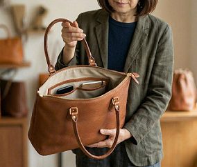 女性が本革トートバッグの中身を確認している様子