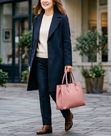 街中で、ピンク系のトートバッグを持つ女性