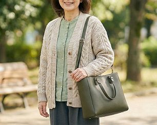 2wayトートバッグを肩に掛けて外出する女性のイメージ