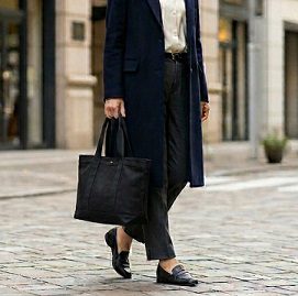 街中で黒いトートバッグを持ち歩く女性のイメージ