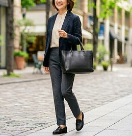 街中で、黒いトートバッグを持ちながら歩く女性の様子