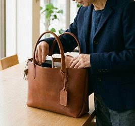 マチがあるトートバッグを使い、中身をスムーズに整理する女性の様子