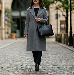 街中を、ファスナー付きの黒いトートバッグを持って歩く女性の様子
