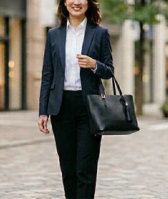 黒のトートバッグを持って歩く女性の様子