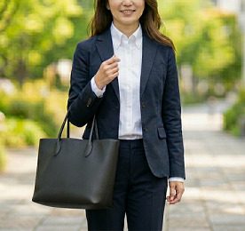 黒いトートバッグを持って歩いている女性の様子